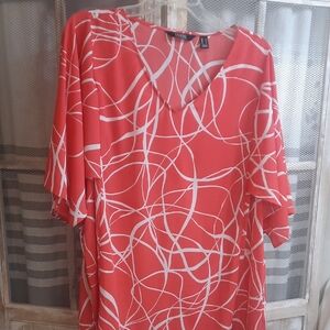 Dennis Basso Coral and White Abstract V-Neck Tunic Size L